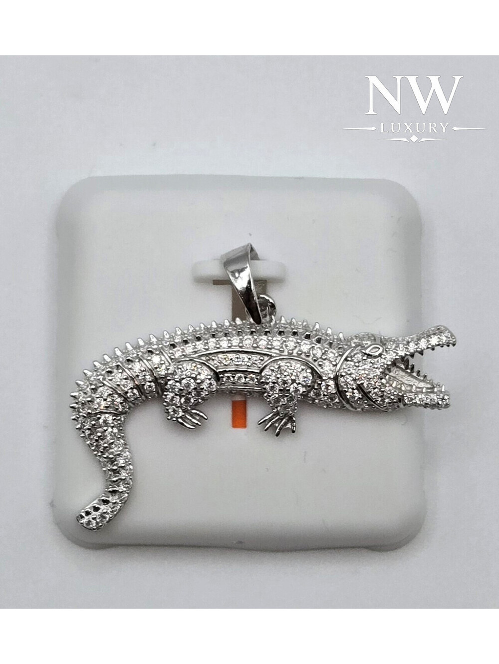 NEW Solid 925 Sterling Silver Genuine MOISSANITE Alligator/Crocodile Pendant